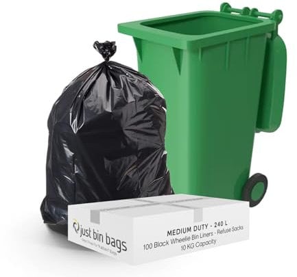 100x 240L Black Wheelie Bin Liners - Refuse Sacks | MEDIUM DUTY | 10kg Capacity- 100 Gauge, 25 Micron Waste Recycling Rubbish Dustbin Bags | Domestic & Commercial Use