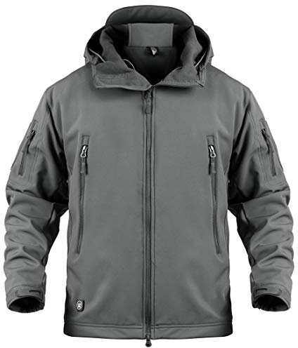 donhobo Men Combat Jacket Waterproof Softshell Fleece Jacket with Hood Sports Windshell Jacket(Grey,L)