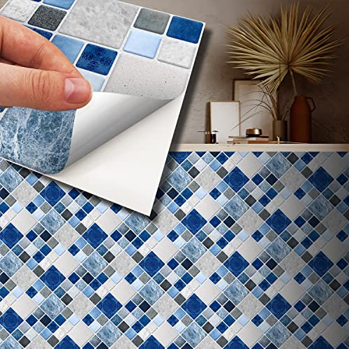 WALPLUS 120pcs 15x15cm Stone Selection Blue And Grey Mosaic Wall Tile Sticker Set Aluminium Film Peel and Stick Backsplash Decals Home Decors Splashback for Kitchen Bathroom Tiles Paint Stick on Wall