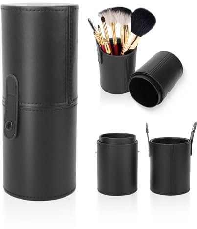 Porte-Pinceaux de Maquillage en Pu, Organisateur de Pinceaux de Maquillage Portable Cylindre Multifonctionnel Cosmétique Brosse Sac de Rangement Accessoire (Black)