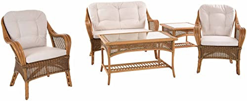 Krines Home Rattanset Marbella Natur Rattan Sitzgruppe Landhaus Stil Wintergartengruppe Rattangruppe Wintergarten Set (Vintage Braun)
