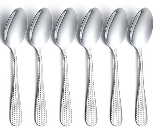 Teaspoons, Kyraton 6 Pieces 13.6cm Stainless Steel Vintage Elegant Special Hammered Handle Tea Spoons, Ice Cream Spoons, Dessert Spoons, Coffee, Silverware Cutlery Set Pack of 6