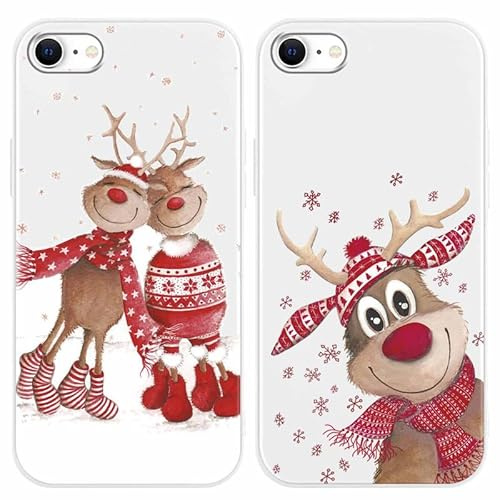 Yoedge 2 Stück Hülle für Apple iPhone 7/8/ SE2020/ SE2022 4,7, Weiß Weich TPU Silikon Weihnachten Handyhülle mit Elch Muster Motiv, TPU Stoßfeste Soft Slim Case Cover für iPhone7, Elch