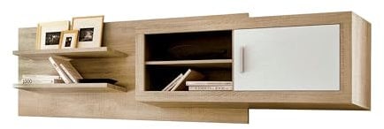 duehome | Salon Modular, Módulo Alto con 1 Puerta y 2 Estantes con Respaldo, Modelo Nuka, Acabado en Blanco y Cambria, Medidas: 180 cm (Largo) x 26,3 cm (Fondo) x 65 cm (Alto)