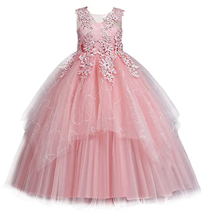 LOLANTA Vestito Cerimonia Bambina, Abito Fiori Prima Comunione Bambine, Vestiti da Ballo in Tulle di Pizzo Eleganti, Abito in Pizzo Floreale, Rosa, 6-7 Anni, 130