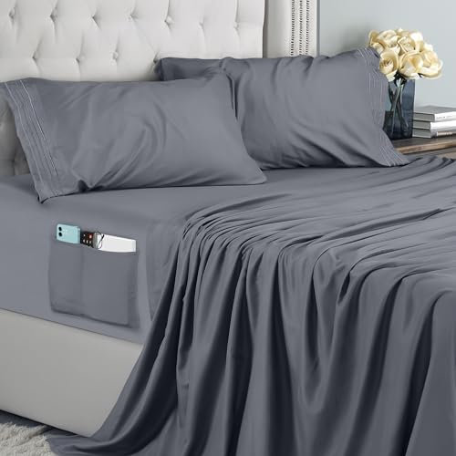 Utopia Bedding Set Lenzuola Matrimoniali 4 Pezzi 180x200 cm - Microfibra di Poliestere - Lenzuolo con Angoli con Tasche Portaoggetti, Lenzuolo Piatto e 2 Federe Ricamate, Grigio