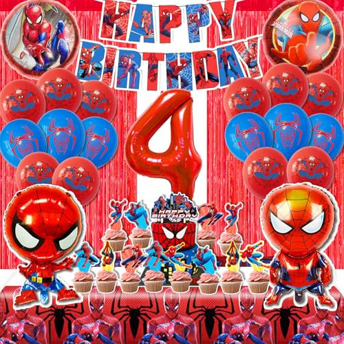 POVALLOV Spiderma Geburtstag Deko 4 Jahre, 50 Stück GeburtstagspartyDekorationen, luftballons , tortendeko, Regenvorhang, Tischdecken, Happy Birthday Banner