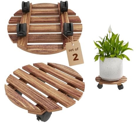 Bamworld Porta Piante da Interno con Ruote – Set di 2 Basi Rotonde in Legno per Vasi Grandi, Pedana Mobile per Interno ed Esterno, Sottovaso con Ruote 360°, Carrellino Portavasi Elegante