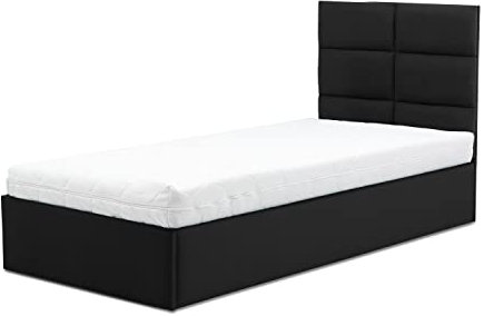 Mebligo - Polsterbett Kunstleder 90x200 mit Bettkasten, Einzelbett mit Lattenrost, Jugendbett mit Taschenmatratze, Gästebett mit Kopfteil, Stauraumbett Tores, Bett mit Matratze - Schwarz