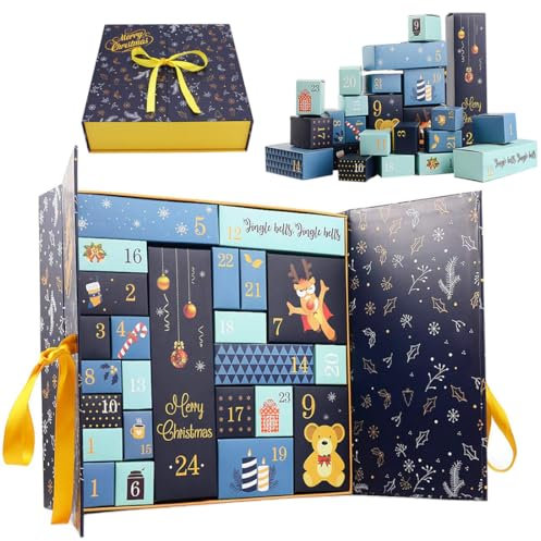Adventskalender zum Befüllen Weihnachten Adventskalender Boxen, 24 Adventskalenderbox DIY-Weihnachtskalender Befüllbare Süßigkeitenschachteln Aufbewahrungsbox für Weihnachtliche Dekoration (Blauer)