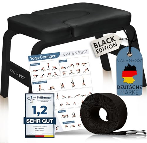 VALENESS® Yoga Kopfstandhocker - Hochwertiger Yoga Hocker inkl. Yogagurt, Yogablock & Übungsposter - Yoga Stuhl zur Handstand-Übung aus massivem Naturholz - Yoga Ausrüstung für Zuhause (Black Edition)