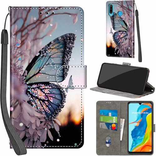 Handyhülle für Huawei P30 Lite Hüllen Premium Leder Case Klappbar Wallet Magnet Kartenfach Standfunktion Schutzhülle kompatibel mit Huawei P30 Lite Cover,Schmetterling