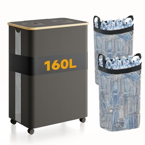 RMAN 160 L Cubo de Basura Reciclaje con Ruedas Grande Cubo basura con Tapa y 2 Compartimentos para Recoger Botellas Vacías, 18cm de Diámetro, para Cocina, Comedor, Despensa (Negro)