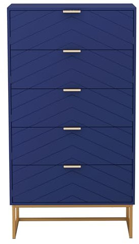 UEV Kommode mit 5 Schubladen Schrank Holz mit Kippsicherung Metallfuß Highboard Sideboard Schmal kommode Beistellschrank für Wohnzimmer Schlafzimmer,Flur 60x34x110cm(Dunkel Blau)