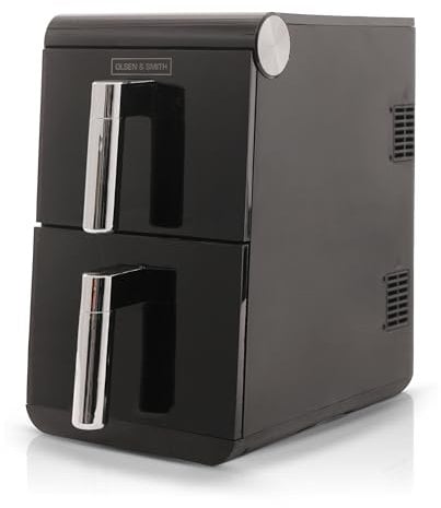 Olsen & Smith 11L Vertical Dual Stack Air Fryer with Two 5.5L Baskets, Compact Space-Saving Design, Viewing Windows, Digital Display, Touch Controls, Dual Cook Functions, 13 Pre-Sets, Black