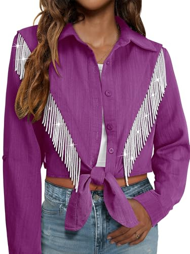 MYMORE Womens Rhinestone Fringe Cropped Button Down Shirt Rolled 3/4 Sleeve Tie Front Top Western Cowgirl Rodeo Outfit, 11_violet, S