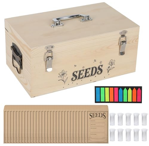 XQZMD Boîte de rangement pour semences, en bois, avec 60 enveloppes de semences, autocollants et 10 bouteilles en plastique, rangement de semences avec séparateurs amovibles pour graines de légumes