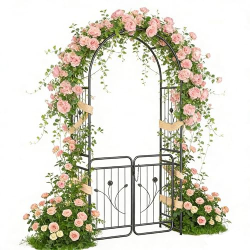 XMTECH Gartenbogen mit Tür 95x50x220 cm – Metall Rosenbogen Rankhilfe mit Rankgerüst, Torbogen,Wetterfest, Schwarz, Tor verriegelbar, für Garten, Hochzeit, Terrasse