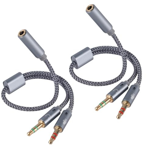 BTFO 2pcs 2-in-1 Headphone & Microphone Splitter Cable, 3.5mm/0.14in Female to Dual 3.5mm/0.14in Male Audio Adapter Y-Splitter for Gaming Headset PC Laptop Computer Speaker (Gray)
