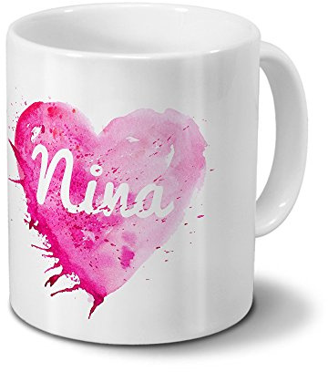 digital print Tasse mit Namen Nina - Motiv Painted Heart - Namenstasse, Kaffeebecher, Mug, Becher, Kaffeetasse - Farbe Weiß