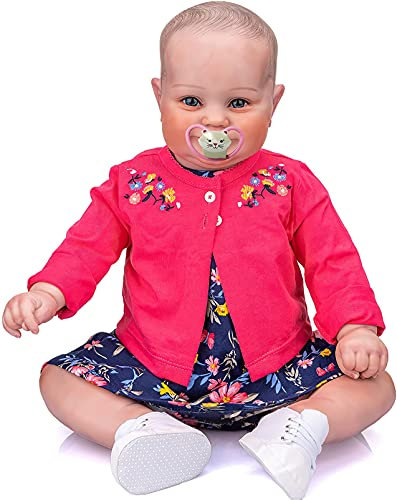 MineeQu 24 Zoll 60CM Große Größe Handzeichnung Haar Neugeborenes Baby Reborn Kleinkind Mädchen Maddie Süße Lächelnde Weiche Gewichtete Körper Flexible Sammlerstück Kunstpuppe