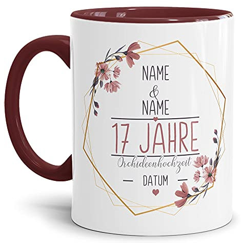 Tasse zum Hochzeitstag Orchideen Hochzeit - mit Name & Datum selbst gestalten - 17 Jahre Ehe, Paar, Geschenk Hochzeit, Jubiläum, Jahrestag I Personalisiert, Keramik Innen & Henkel Weinrot 300 ml