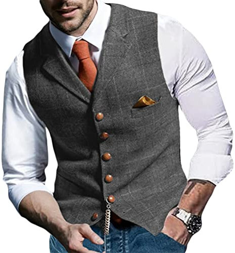 Onsoyours Herren Formelle Party Hochzeit Weste Anzug Weste Einfarbig Weste Anzugswesten für Männer FLoral Weste Tweed V-Ausschnitt für Trauzeugen A Grau L
