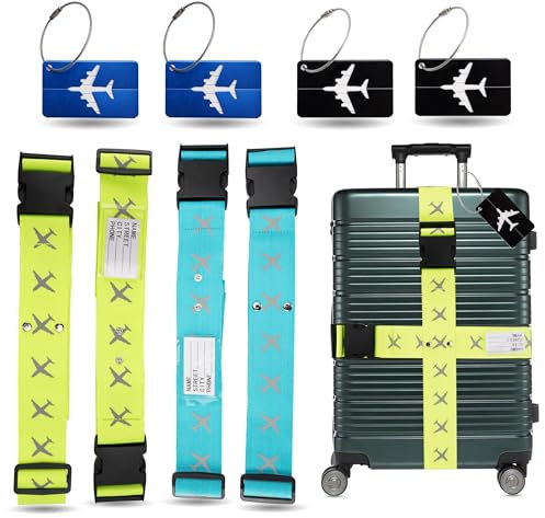 XXL Set 4X Kofferband & 4X Kofferanhänger - Koffergurt besonders auffällig - Gurtband inkl. Namensschild für Koffer & Gepäck - Luggage Strape