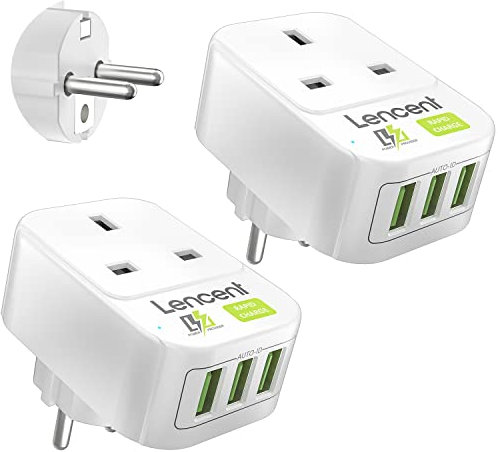 LENCENT 2 Packs UK to EU Euro Europe Plug Adapter with 3 USB Ports, Grounded European Travel Adapter for Spain Germany France Portugal Greece Russia Netherlands Turkey and more (Type E/F)