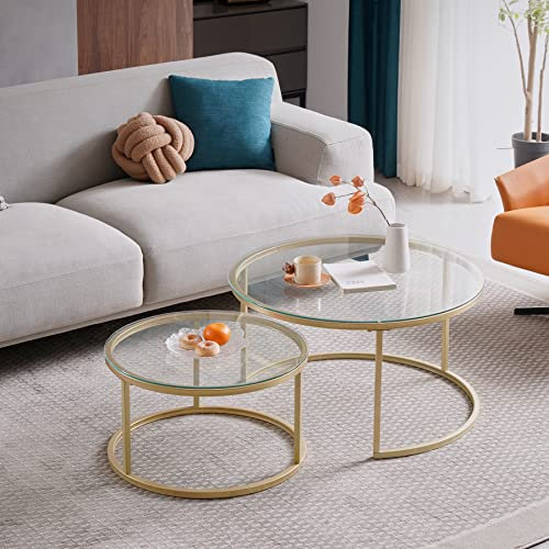 GrandCA HOME 2er Set Runder Couchtischen, Satztischen für das Wohnzimmer, Goldrahmen,Glas-Desktop,Große Größe: 60x60x45cm; Kleine Größe: 40 x 40 x 35 cm