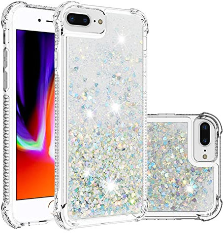 IMEIKONST Compatible with iPhone 8 Plus / 7 Plus Glitter Case, Liquid Sparkle Quicksand Clear Transparent Sequin Slim TPU Bumper Silicone Shockproof Cover for iPhone 6S Plus / 6 Plus. Love Silver YBW