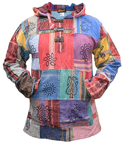 Gheri Patchwork Baumwolle Mehrfarbig Känguru Tasche Boho Kapuzenpullover L