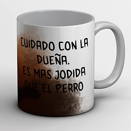 TengoTazas | Taza Cuidado con la Dueña. Taza Personalizada con Nombre, Texto y Dibujo. Taza de Cerámica Grande, de 330 ml. Regalo Original. (Zurdo)