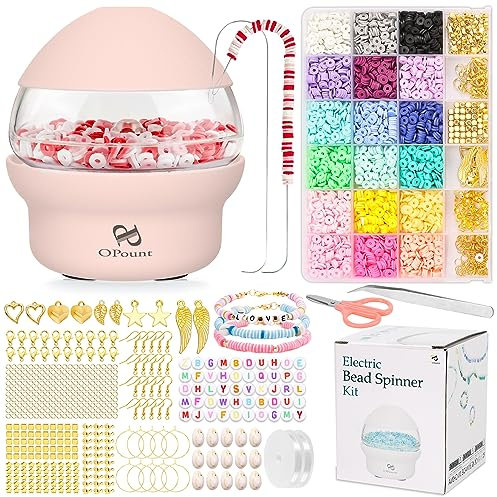 PP OPOUNT Rosa elektrischer Perlen-Spinner mit 3960 PCS Tonperlen, Perlen-Spinner für Tonperlen, schneller Perlen-Spinner für DIY Schmuckherstellung, Armbänder, Halsketten (Patent)