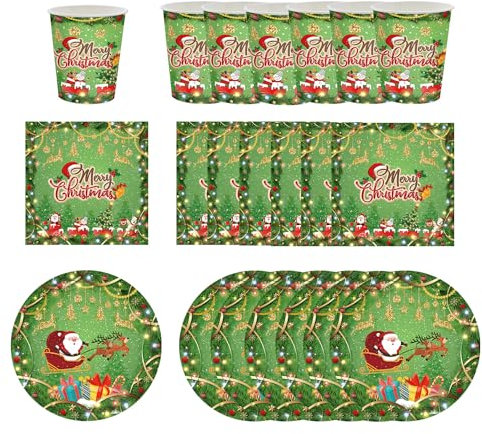 Christmas Green Tableware Set, 20 Napkins, 16 Cups, 16 Plates - Disposable Paper Dinnerware Decor for Him, Her, Adults, Kids Xmas Party Favor