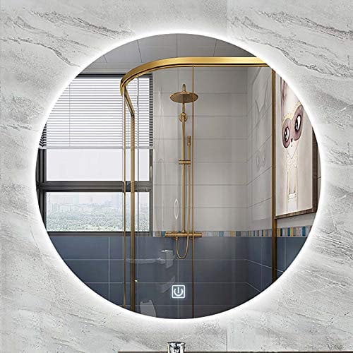Badezimmer-Beleuchtungsspiegel, an der Wand montiert, mit Hintergrundbeleuchtung, Dicke 5 mm, rund, dimmbar, Touch-Taste, 3 Lichtfarben und dimmbar, Make-up-Kosmetikspiegel über kosmetischem Bade