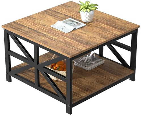 GreenForest Quadratischer Couchtisch mit 2 Ebenen, 70 cm | X Metallrahmen, nahtlose einteilige Tischplatte, kratzfester Couchtisch aus Walnussholz, für Wohnzimmer, kleine Wohnung