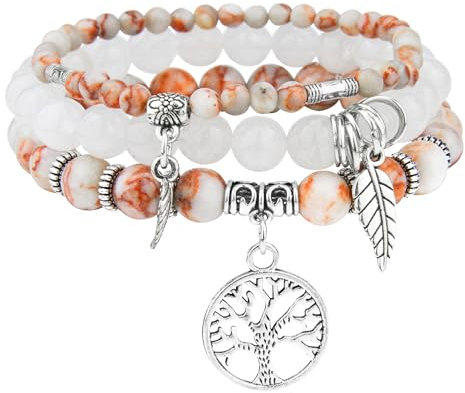 JUZICHEN 3 pcs Bracelet Pierre Naturelle Femme,Boho Bracelet Perles Femme Avec Pendentif Arbre De Vie,Bracelets De Yoga Femmes,17-24 cm Bracelets Pierre Coloré,Bijoux Cadeau Pour Femmes Fille (A)