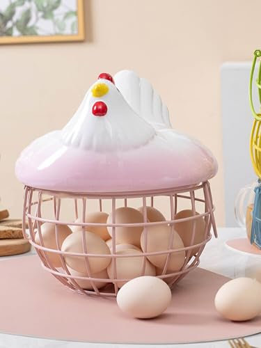 Chicken Egg Basket, Wire Egg Collection Baskets with Ceramic Lid for Gathering Fresh Eggs, Ceramic Chicken Shaped Lid with Round Wire Basket Base and Handles (Pink)