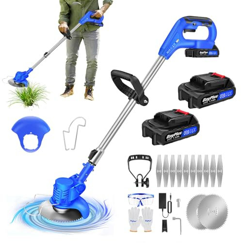 Cordless Strimme Lightweight Grass Trimmer with 2 Batteries & Fast Charger, Electric Strimmer Metal Blade for Garden Clearing Weeds Flower Trees, Grass Trimmers with 10 Metal Blades