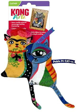 KONG Artz Cats Jouet craquelant pour chat avec herbe à chat, ruban et queue (Kahlo/Picasso)