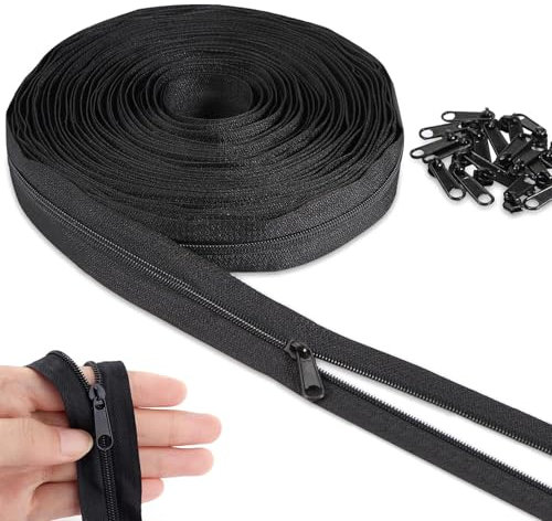 Endlosreißverschluss mit Zipper, 10m Reißverschluss Meterware, mit 20 Schwarz Zipper Aus Metall, für Kleidung Bettwäsche Kissen, Schwarz