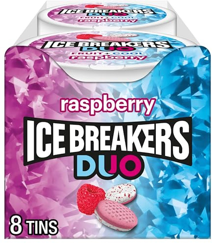 ICE BREAKERS Duo Sugar Free Mints, Raspberry, 1.3 Ounce (Pack of 8) | Raspberry Sugar-Free Mints with Cooling Crystals, Dual-Sided Tins for Car, Pocket, Desk and Fresh Breath, 8 ct