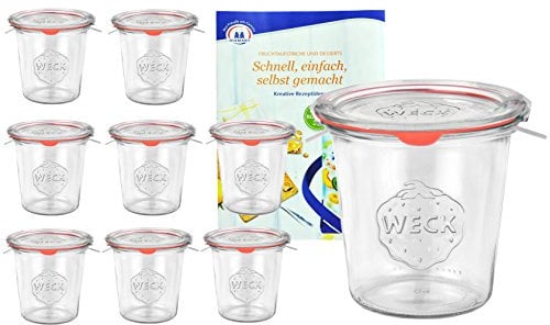 MamboCat 9er Set Weck Gläser 580ml 1/2 Liter Sturzgläser mit 9 Glasdeckeln, 9 Einkochringen und 18 Klammern inkl. Diamant-Zucker Gelierzauber Rezeptheft I Original Weck Sturzgläser für Kuchen UVM