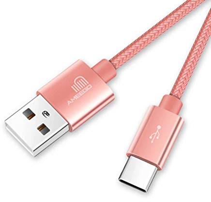 ameego 3.3ft Nylon Braided USB C 3.1 Sync & Fast Charging Cable for Samsung, HTC, Nokia, Sony, Nintendo Switch, and More Device with Type C Reversible Connection - Rose Gold