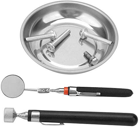 Bakaji Vassoio Vaschetta Piatto Magnetico 105mm Porta Minuteria con Penna Calamita telescopica fino a 89cm e Mini Specchietto Allungabile fino a 48cm Kit Magneti Cerca Viti 3pz