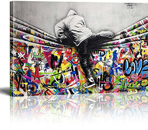 MJEDC Banksy Bilder Leinwand Behind the Curtain Graffiti Art Graffiti Street Art Leinwandbild Fertig Auf Keilrahmen Kunstdrucke Wohnzimmer Wanddekoration Deko XXL 80x150cm
