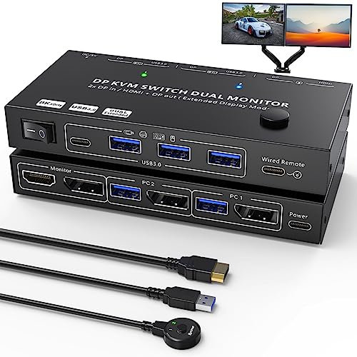 8K Displayport KVM Switch 2 PC 2 Monitor 4K@144Hz 8K@30Hz, MST KVM Switch Dual Monitor für 2 PC share 2 Monitores und 4 USB-Geräte, KVM Switches Displayport 1.4 mit Desktop Controller und DP1.4-Kabel
