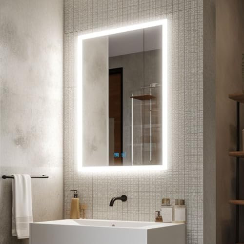 Badspiegel mit Beleuchtung dimmbar Kaltweiß Warmweiß mit Speicherfunktion 50x70 70x50 cm LED Spiegel Bad mit Touchschalter Beschlagfrei Badezimmerspiegel Horizontal Vertikal