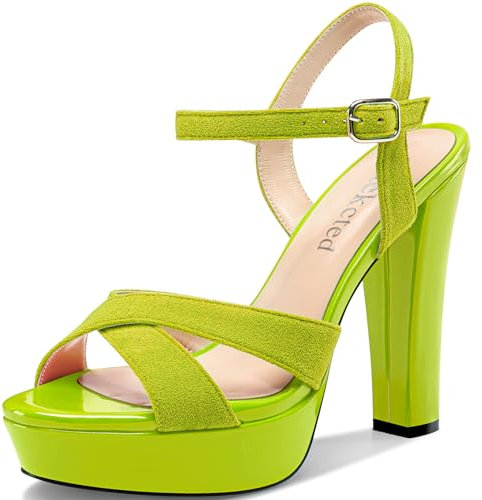 Saekcted Mujer Chunky Ancho Alto High Heel Abierta Punta Plataforma Correa Tobillo Sandalias Correa Cruzada Patchwork Dress Zapatos 13 CM Heels Verde Lima 35 EU